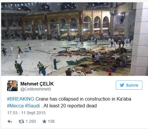 Arabie saoudite : 107 victimes tués dans la chute d’une grue sur la Grande mosquée de La Mecque