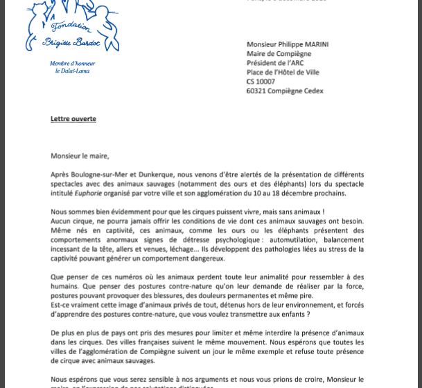 Compiègne : la Fondation Brigitte Bardot dénonce dans une lettre ouverte à Philippe Marini la présence des animaux dans les cirques