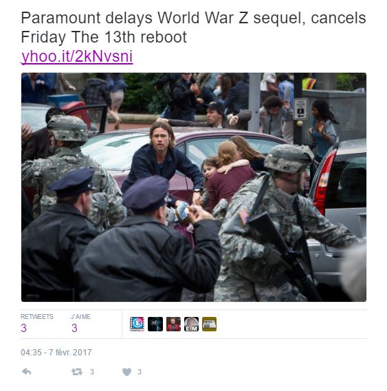 Brad Pitt : la sortie du film «World War Z 2» repoussée.