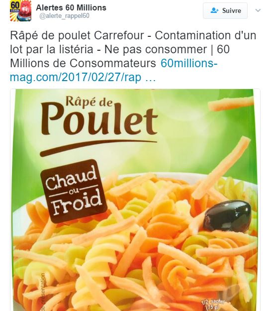 Oise : Carrefour et Auchan rappellent des lots de râpé de poulet susceptibles de contenir des listérias.
