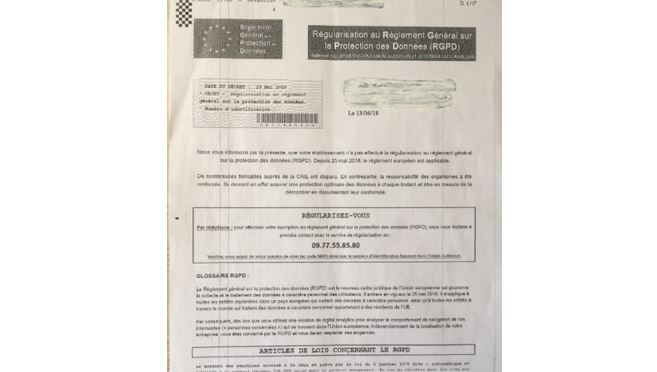 Attention aux arnaques ! Règlement Général sur la Protection des Données, ou RGPD